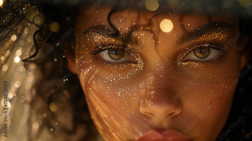 Biracial Model in Black and Gold Attire with Transparent Top on Bokeh Background Biracial Model in Black and Gold Attire with Transparent Top on Bokeh Background