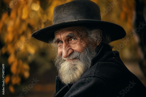 Aged Man in Hat Smiling During Fall