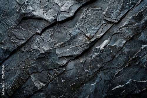A detailed view of a rugged rock face, showcasing its texture, layers, and intricate patterns, with visible cracks and weathering.