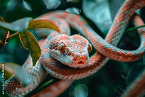 A close up shot showing a snake coiled on a tree branch in its natural habitat.
