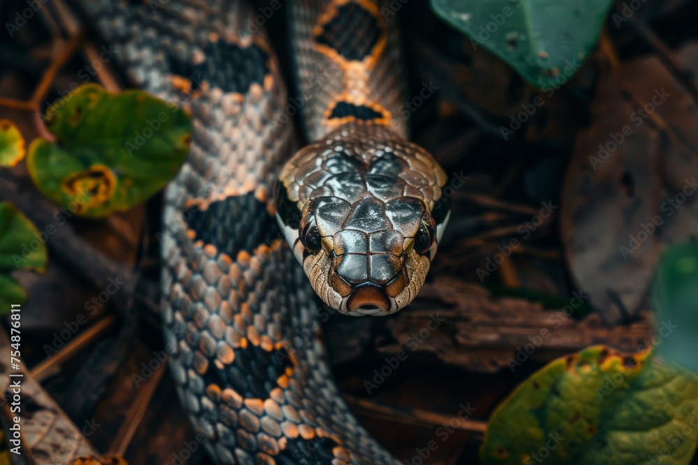 Fototapeta premium A detailed view of a snake slithering on the ground, showcasing its scales and patterns.