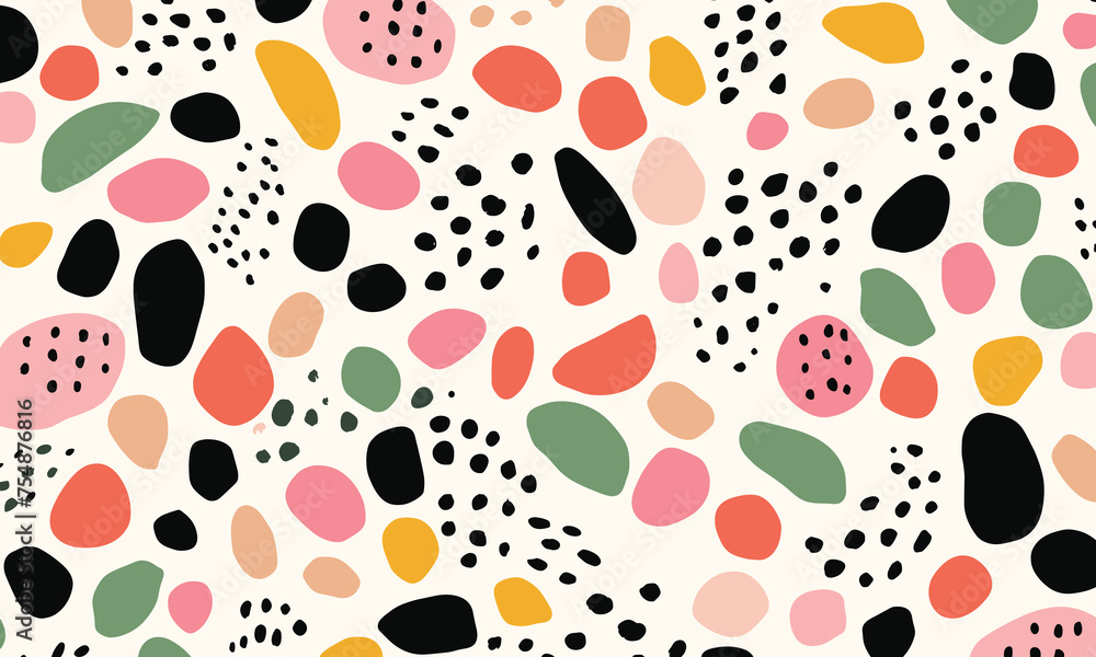 Pattern of Irregularly Shaped Dots in Various Colors, Resembling Pebbles or Stones, Scattered Across the Canvas in a Minimalistic Design. The Color Palette Includes Black, White, Green, Orange & Pink