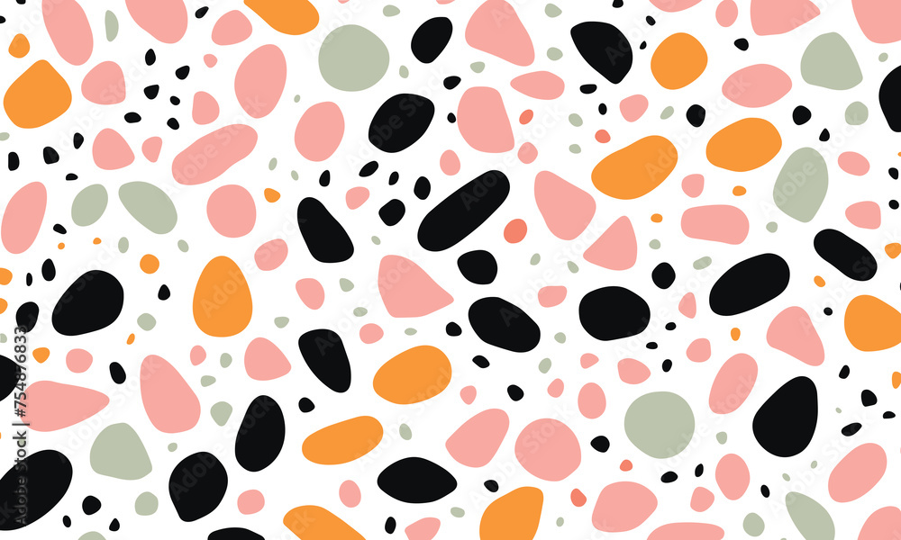 Pattern of Irregularly Shaped Dots in Various Colors, Resembling Pebbles or Stones, Scattered Across the Canvas in a Minimalistic Design. The Color Palette Includes Black, White, Green, Orange & Pink Pattern of Irregularly Shaped Dots in Various Colors, Resembling Pebbles or Stones, Scattered Across the Canvas in a Minimalistic Design. The Color Palette Includes Black, White, Green, Orange & Pink