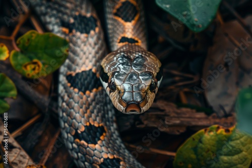 A detailed view of a snake slithering on the ground, showcasing its scales and patterns.