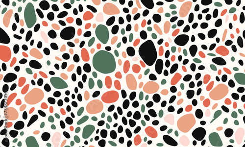 Pattern of Irregularly Shaped Dots in Various Colors, Resembling Pebbles or Stones, Scattered Across the Canvas in a Minimalistic Design. The Color Palette Includes Black, White, Green, Orange & Pink
