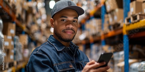 A young man works in a warehouse and uses a smartphone to manage deliveries. © Iryna