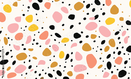 Pattern of Irregularly Shaped Dots in Various Colors, Resembling Pebbles or Stones, Scattered Across the Canvas in a Minimalistic Design. The Color Palette Includes Black, White, Green, Orange & Pink