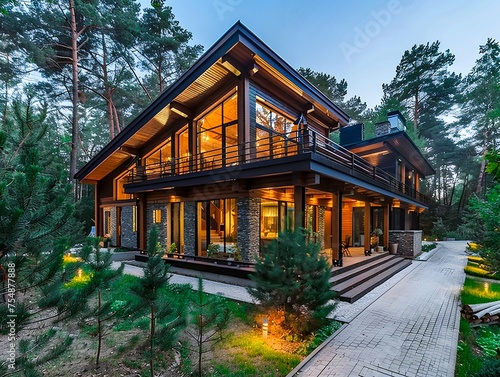 Modern Tranquility: Luxurious Forest Home at Dusk. Generative ai