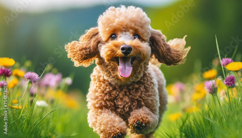 A dog poodle with a happy face runs through the colorful lush spring green grass