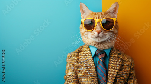 A cat wearing sunglasses and a suit with a tie on pastel background