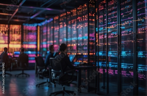 Tech Cyberpunk Office Interior Featuring a Digital Stock Exchange Panel, Technology and Finance in an Edgy Workspace.