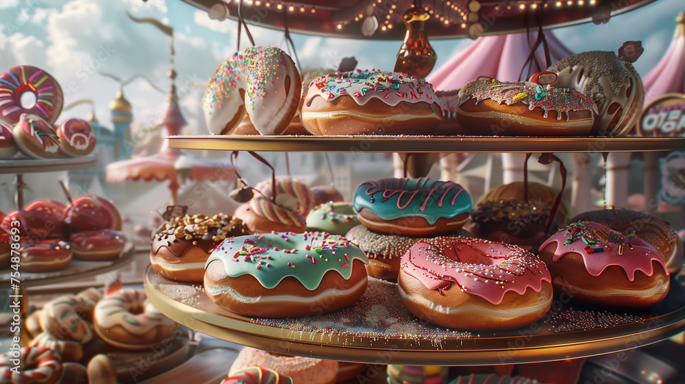Transport viewers to a world of pure delight with a carousel of donuts