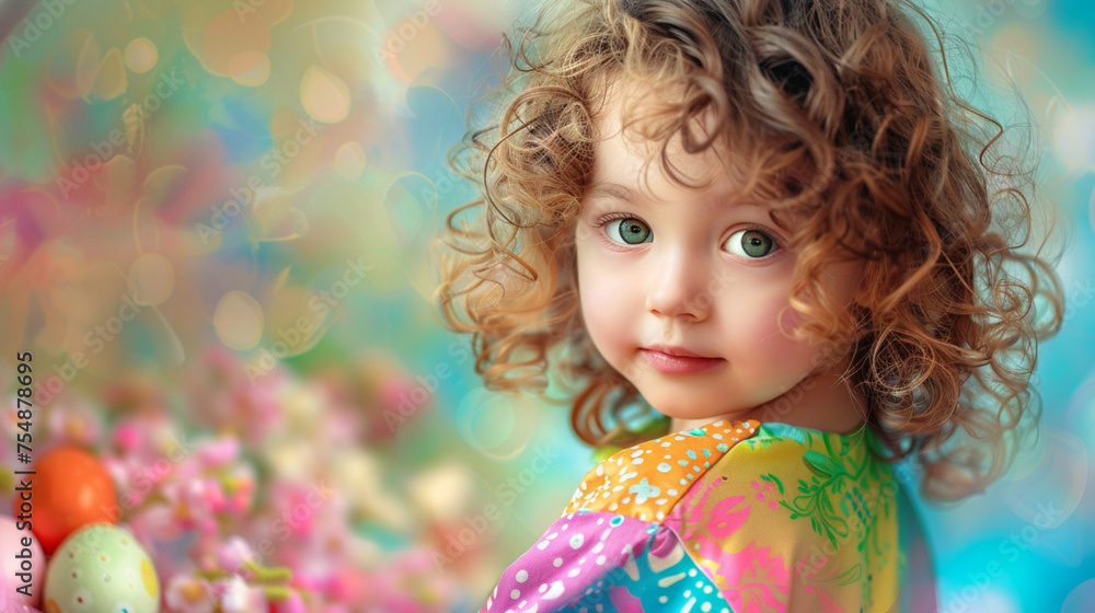 Childish Sweetness: Portrait of a Child in Brightly Colored Clothes on a Sophisticated Design Background. Easter Clipart with Easter Eggs, Ideal for Creative Projects. Childish Sweetness: Portrait of a Child in Brightly Colored Clothes on a Sophisticated Design Background. Easter Clipart with Easter Eggs, Ideal for Creative Projects.