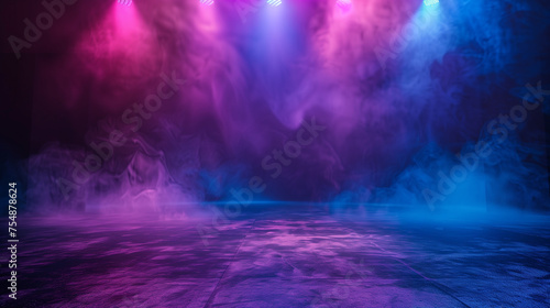 The dark stage shows and studio room with smoke float up the interior texture for display products