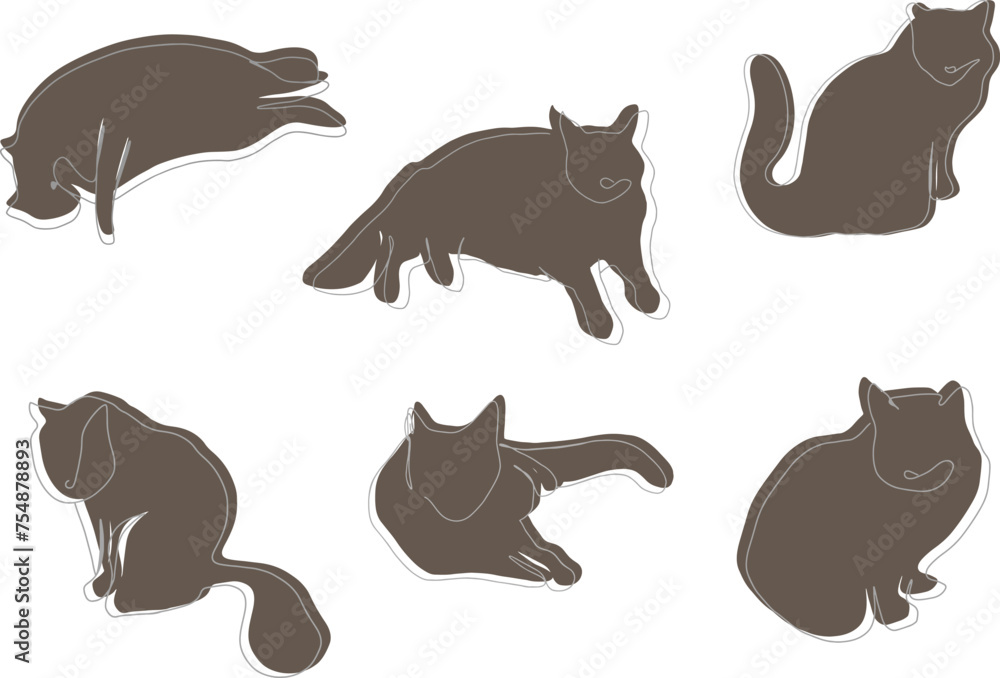 Fototapeta premium One line cats set illustration vector doodle lying sitting relaxation pets cute fluffy