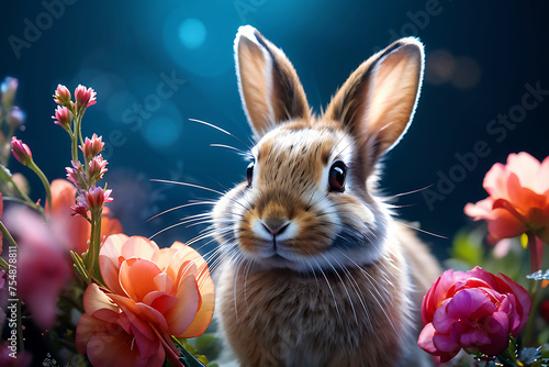 꽃들 사이에 있는 토끼 photo