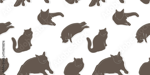 one line cats vector illustration seampless pattern black and white doodle sketch pets kids animals lying sitting kitten outline textile design, wrapping paper, printable repeatable home pets photo