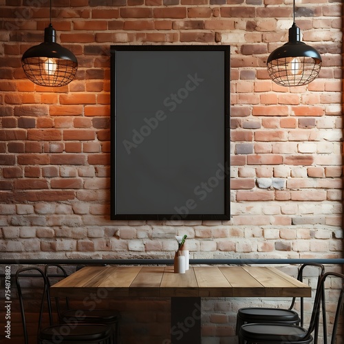 Blank black picture frame on wooden table in front of brick wall