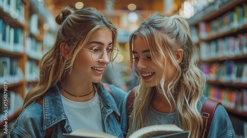 Two Girls Reading a Book in a Library