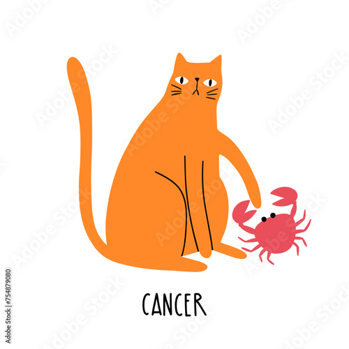 Cat Zodiac Astrology Sign Cancer. Hand draw style. Vector illustration zodiacal symbols. Isolated on white background. Good for posters, t shirts, postcards