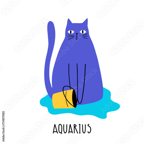 Cat Zodiac Astrology Sign Aquarius. Hand draw style. Vector illustration zodiacal symbols. Isolated on white background. Good for posters, t shirts, postcards