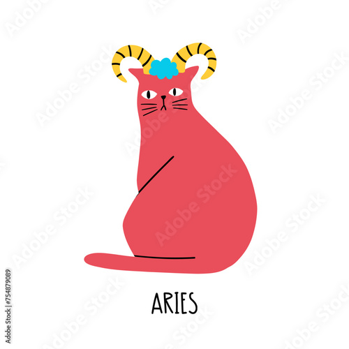 Cat Zodiac Astrology Sign Aries. Hand draw style. Vector illustration zodiacal symbols. Isolated on white background. Good for posters, t shirts, postcards