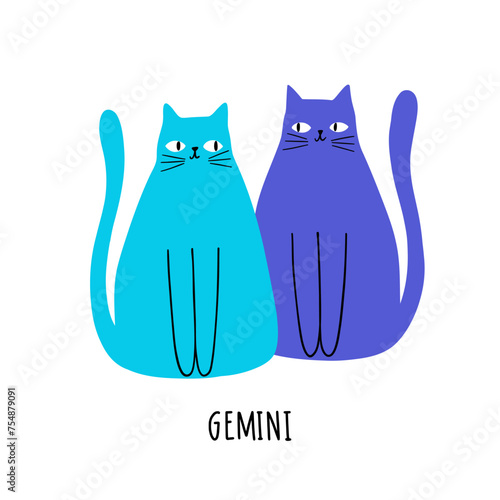 Cat Zodiac Astrology Sign Gemini. Hand draw style. Vector illustration zodiacal symbols. Isolated on white background. Good for posters, t shirts, postcards