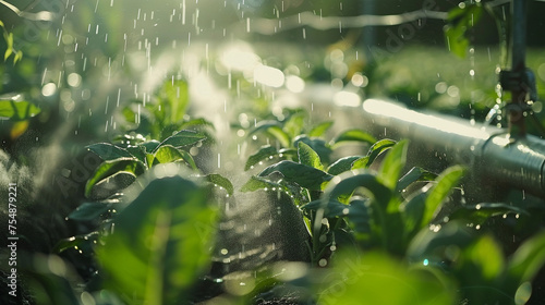 In a close-up shot, the technological irrigation system in the field comes to life, with sleek pipes and precision nozzles spraying water over the lush crops, creating a mesmerizin
