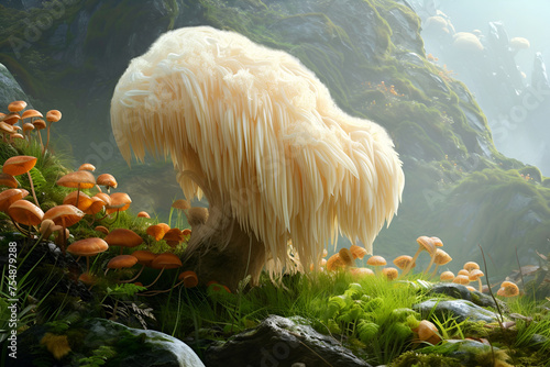 large mushroom Hericium erinaceus close-up growing in mountain nature Traditional oriental medicine Alternative treatment and health support
