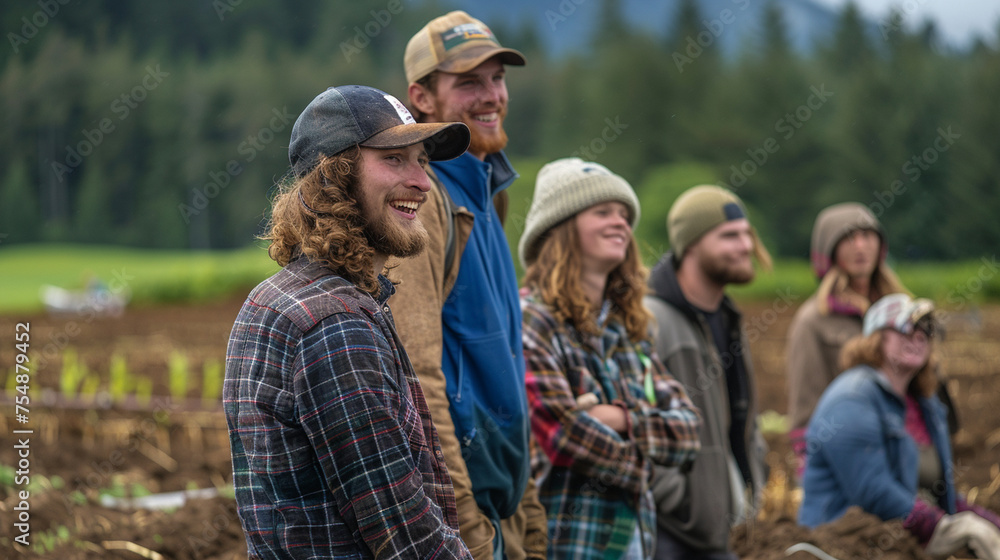 With the scent of freshly turned earth in the air, modern young farmers agronomists gather in the field, their smiles reflecting the camaraderie and collaboration that define their