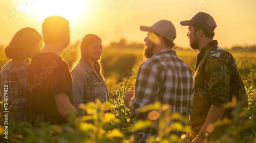 Bathed in the soft glow of the morning sun, modern young farmers agronomists gather in the field, their faces illuminated with smiles as they engage in lively discussion about crop