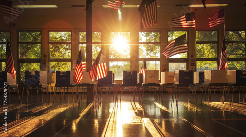 
Orderly Voting Center Bathed in Sunrays with American Flags and Citizens Participating in Democracy photo