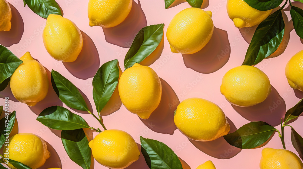 Vibrant Yellow Ripe Lemons with Leaves on a Soft Pink Background: Wallpaper Illustrating Freshness and Citrusy Delight