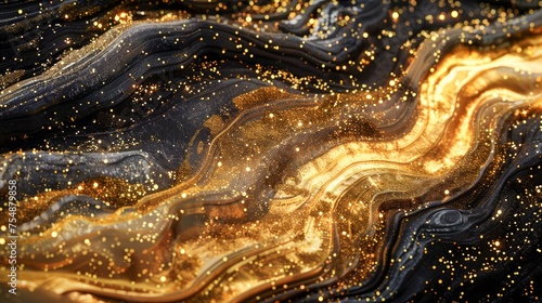 Mesmerizing Golden and Black Marble Texture Background with Glitter Accents for Luxury Design