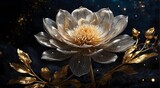 The celestial bloom, with its unique blend of silver and gold, stands out against the dark backdrop of the night sky. The shimmering particles in the center of the flower add a touch of magic to the a