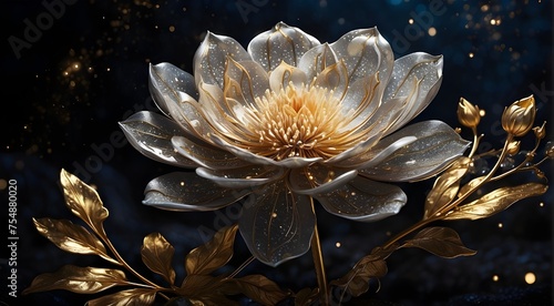 The celestial bloom  with its unique blend of silver and gold  stands out against the dark backdrop of the night sky. The shimmering particles in the center of the flower add a touch of magic to the a