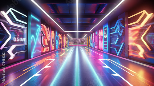Retail complex with multi-colored neon arrows directing towards various outlets. photo