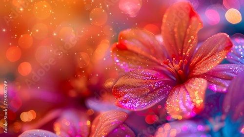 Vibrant Red Flower with Dew Drops on Petals Against a Blurry Orange and Pink Bokeh Background - Floral Wallpapers and Backgrounds