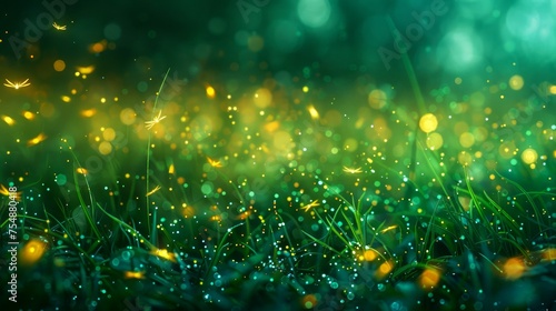 Enchanting Green Meadow with Glistening Golden Bokeh Lights and Dewdrops - Nature Background for Tranquility and Fantasy Themed Projects