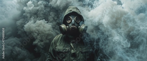 Man in Gas Mask Standing in Smoke