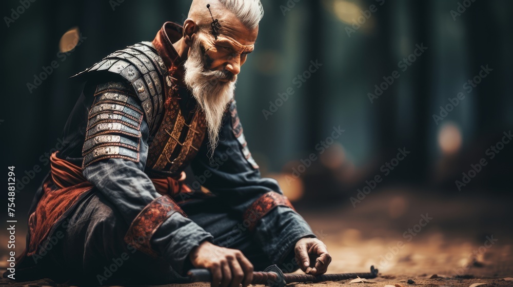 Brutal viking warrior sits on the ground before his mighty sword, scandinavian ancient warrior