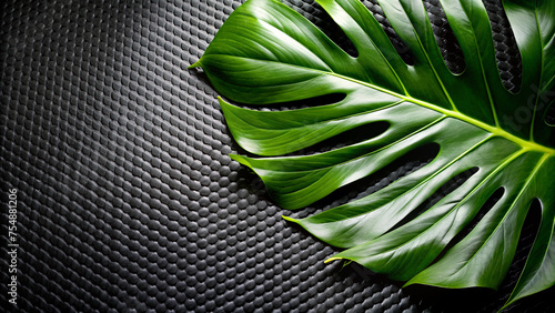 Lush Monstera Leaves on Textured Black Carbon Fiber Background 