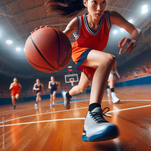 Young woman basketball player in action with ball in action at sport arena