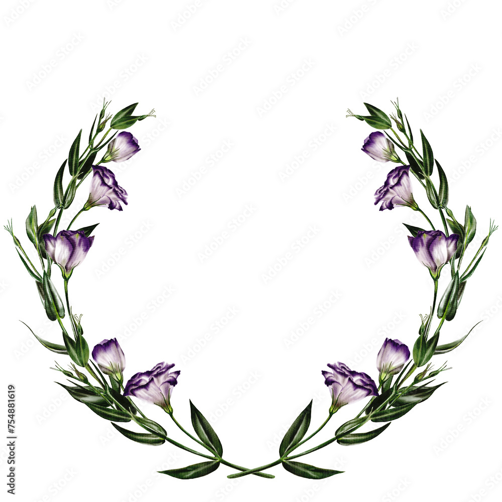 Wreath of eustoma, lisianthus and bluebell flowers. Purple and white. Watercolor illustration. Wreath of eustoma, lisianthus and bluebell flowers. Purple and white. Watercolor illustration.