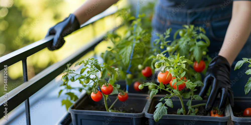 Kleiner Balkongarten mit reifen Tomatenpflanzen  - obrazy, fototapety, plakaty 