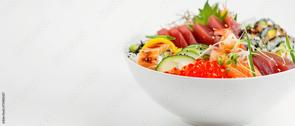 chirashi, with empty copy space, with plain whikte background professional food photography , sushi advertising chirashi, with empty copy space, with plain whikte background professional food photography , sushi advertising