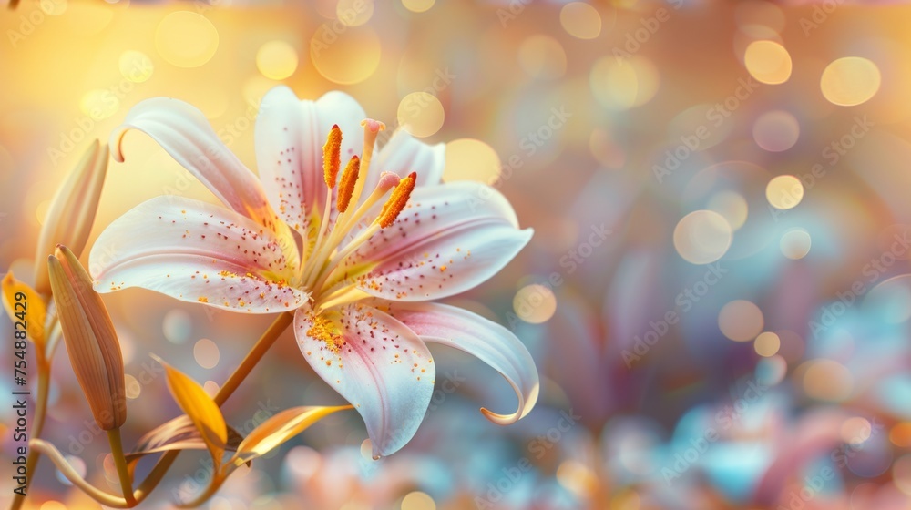 Fototapeta premium Beautiful blooming lily flower minimalist fantasy background template fresh light pink yellow white color lily flower poster nature background, Aesthetics floral inspirational tenderness illustration