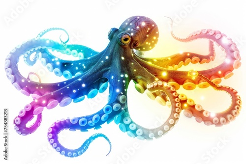 An octopus with glowing tentacles is displayed against a stark white background.