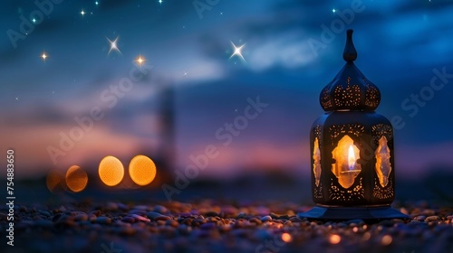 A tiny Islamic lantern on ground and star on sky