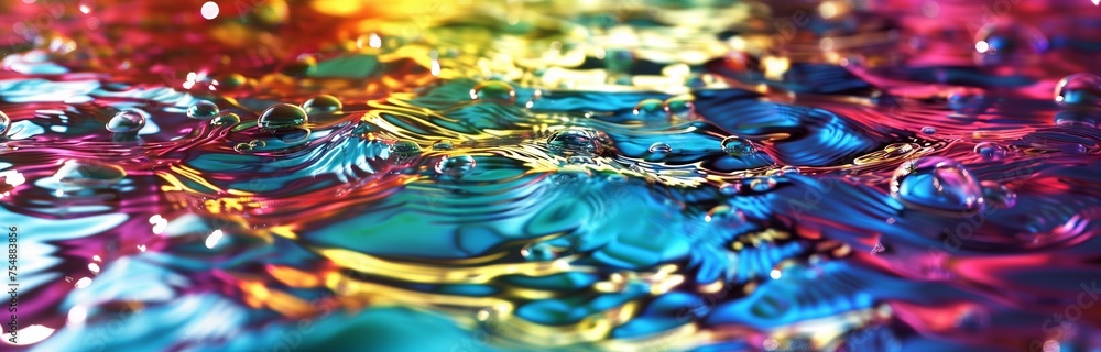 close up of water in rainbow colors splashing in transparent tank for background close up of water in rainbow colors splashing in transparent tank for background